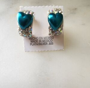 Mexican Sterling Silver .925 Heart Aqua Earrings
